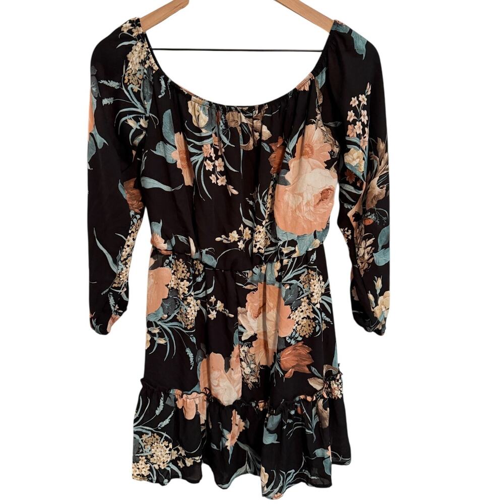 Pink Lily Off Shoulder Floral Mini Dress Small Elastic Waist Boho